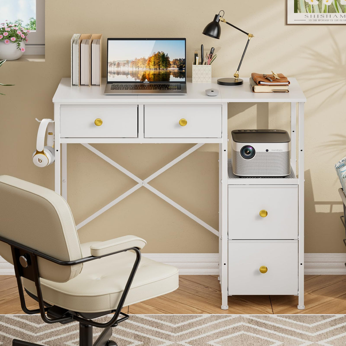 3IngSeagulls small desk with four fabric drawers keeps essentials neatly organized