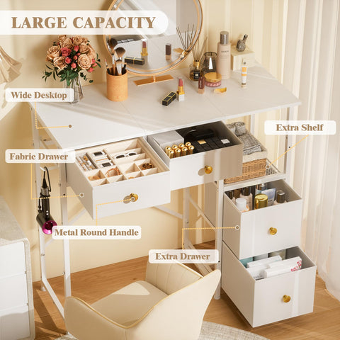 3IngSeagulls white vanity desk fabric drawers provide versatile storage for cosmetics