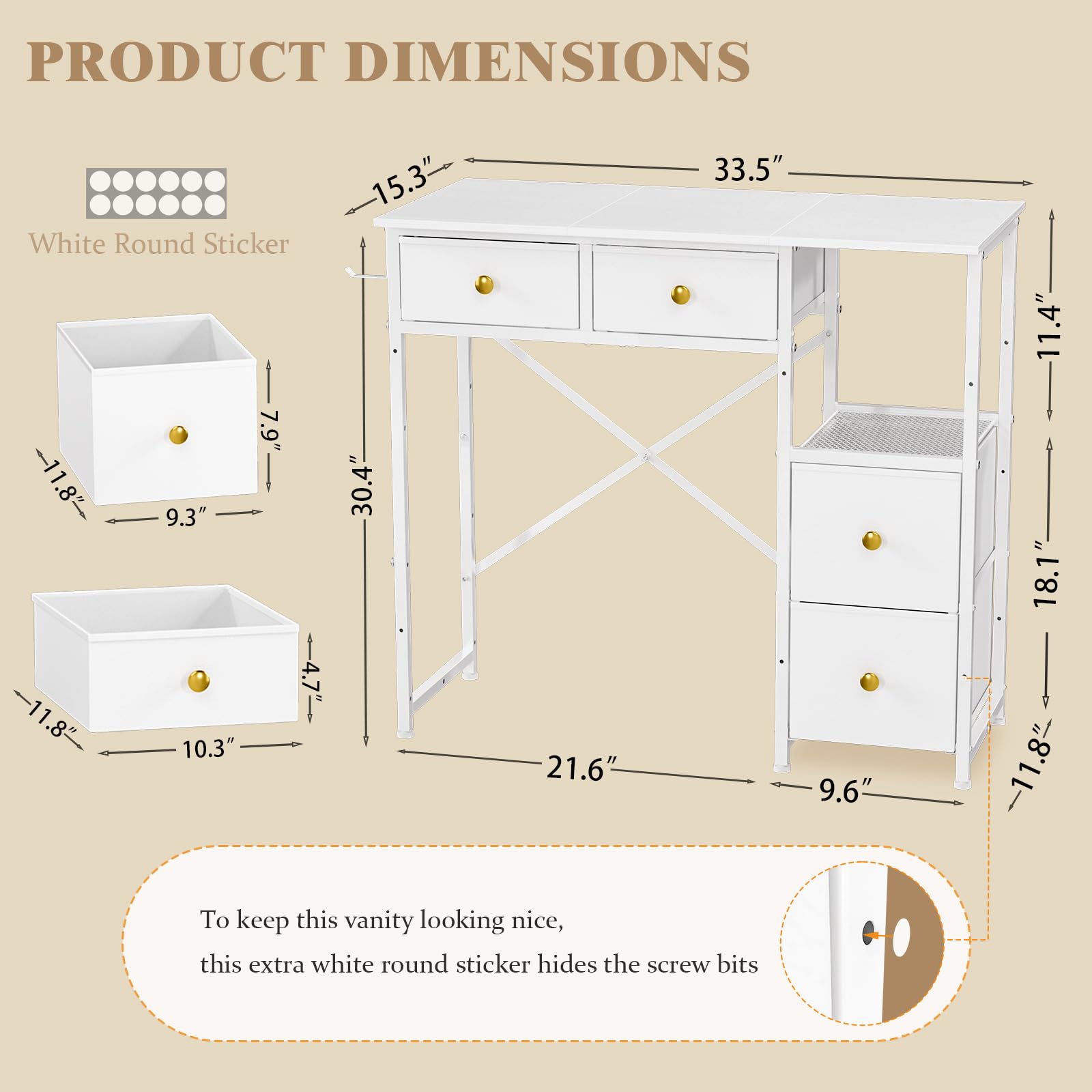 3IngSeagulls white vanity desk front drawers show organized makeup storage