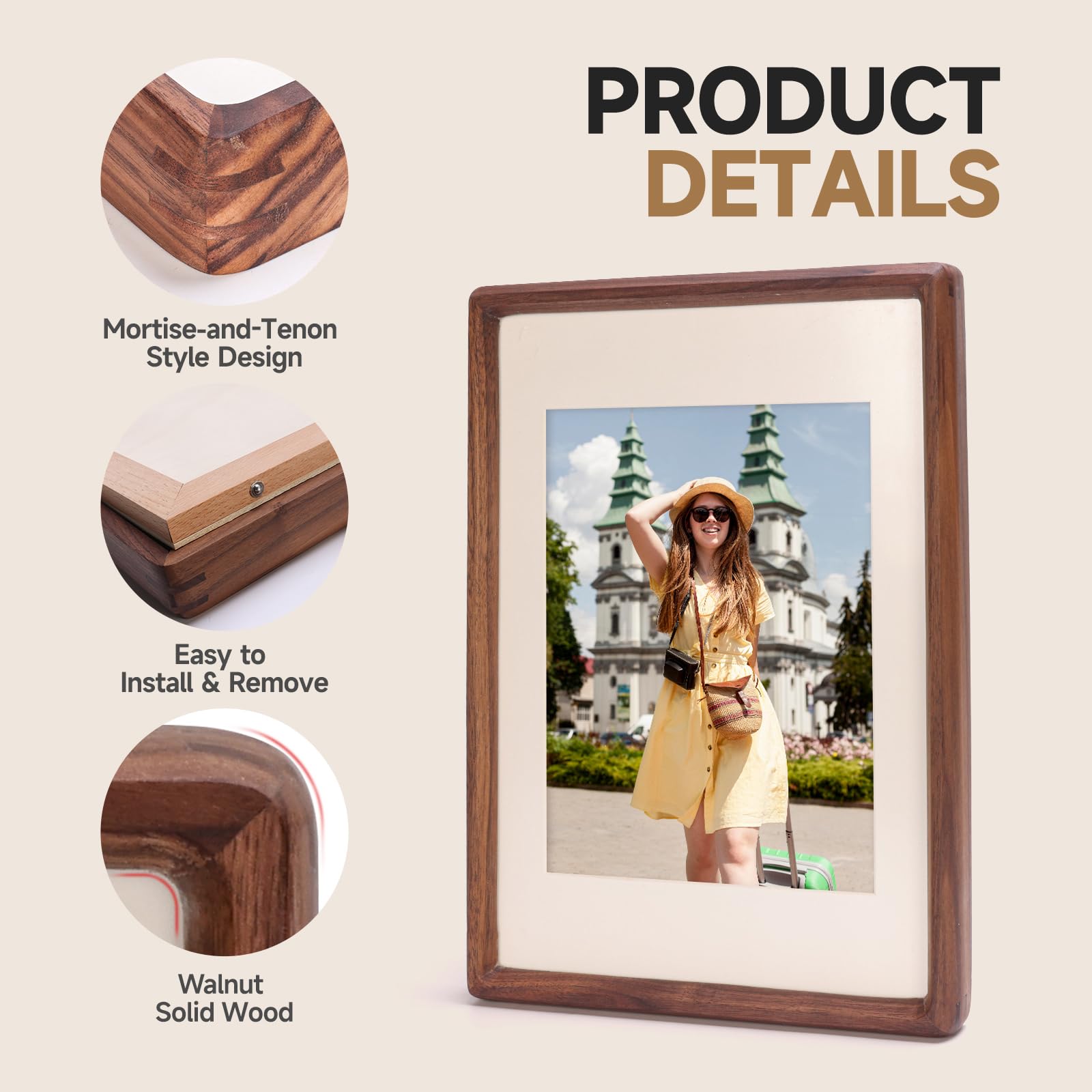 3Liangthings walnut frame with 4x6 photo in vertical orientation on shelf