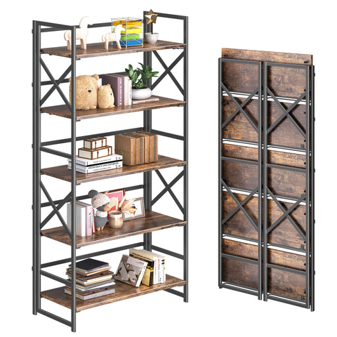 4NM 5 Tiers Folding Bookcase front view in rustic brown and black, ideal for space-saving storage.