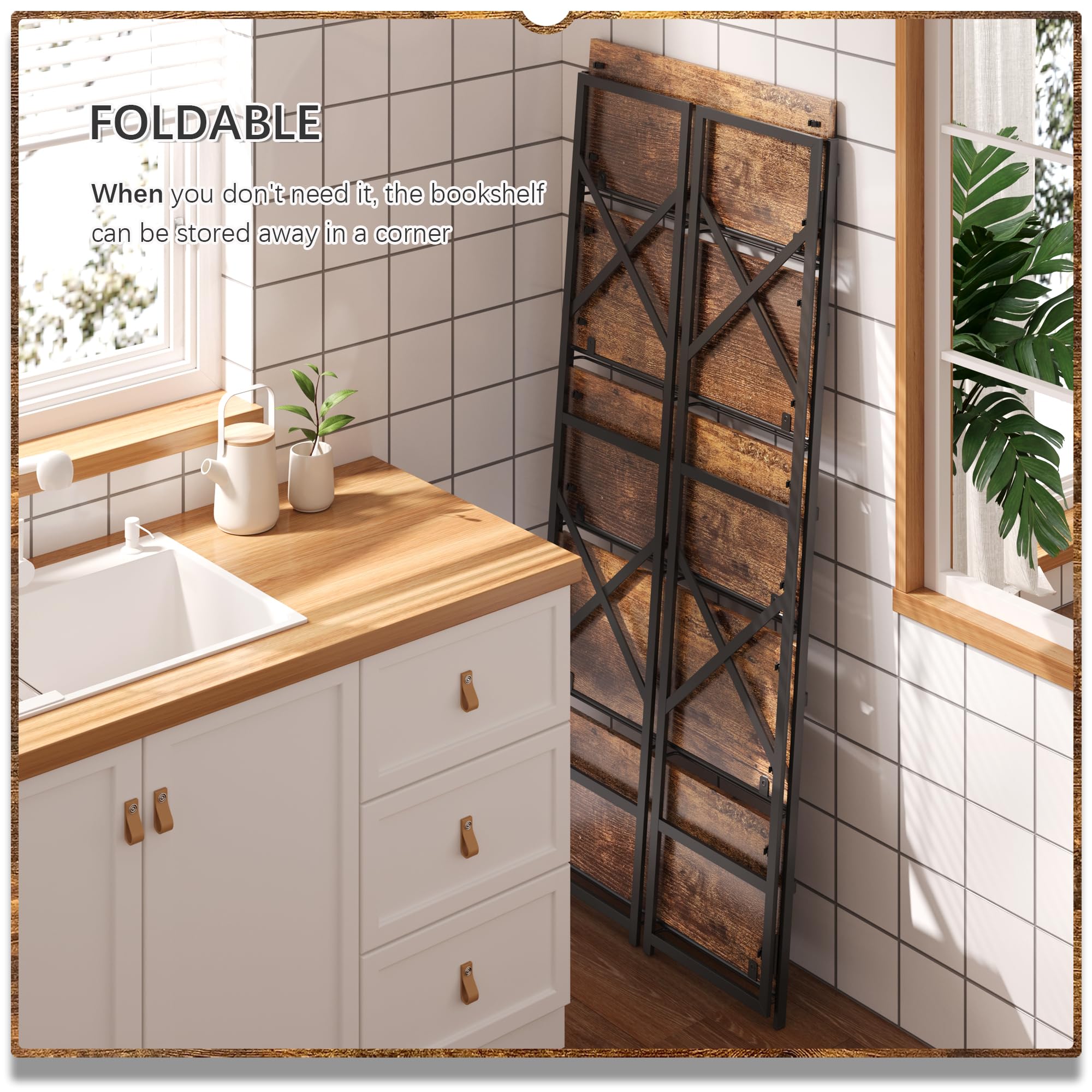 4NM 5 Tiers Folding Bookcase in living room showcases versatile display and clutter control.