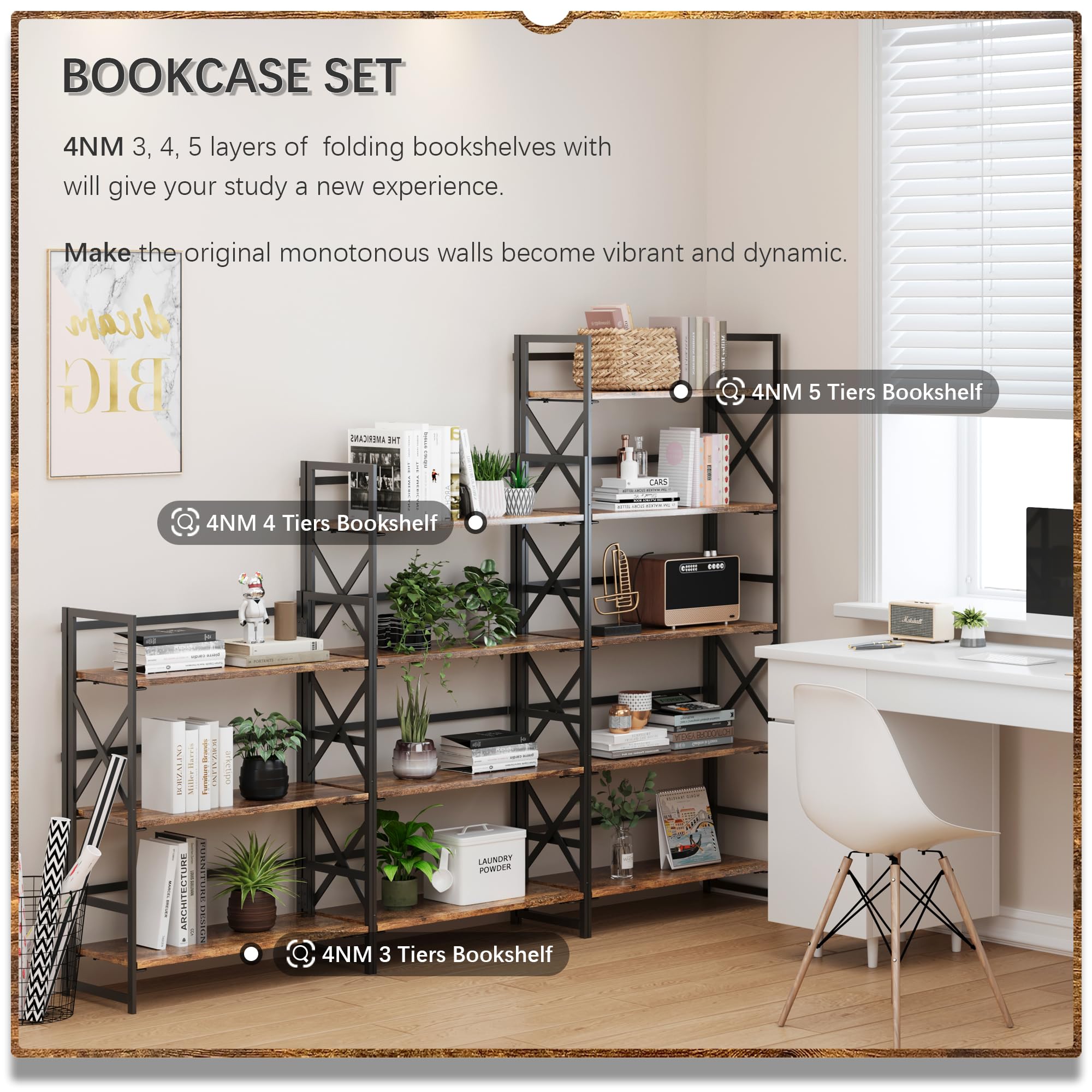 4NM 5 Tiers Folding Bookcase requires no tools, quick setup for instant shelving.