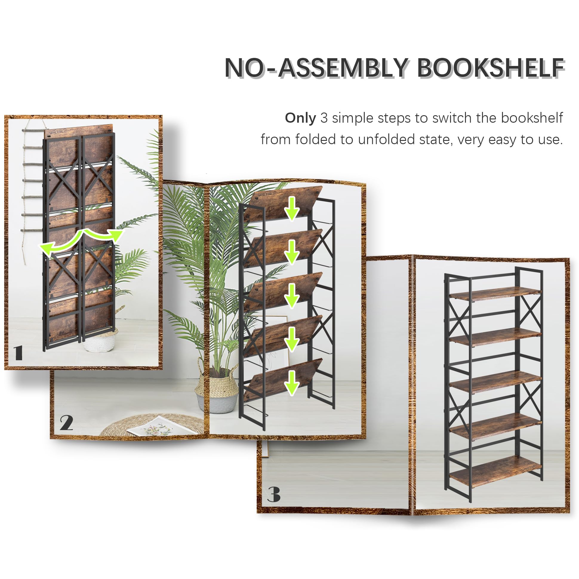 4NM 5 Tiers Folding Bookcase offers 10 inches shelf spacing for organized storage.