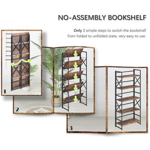 4NM 5 Tiers Folding Bookcase offers 10 inches shelf spacing for organized storage.