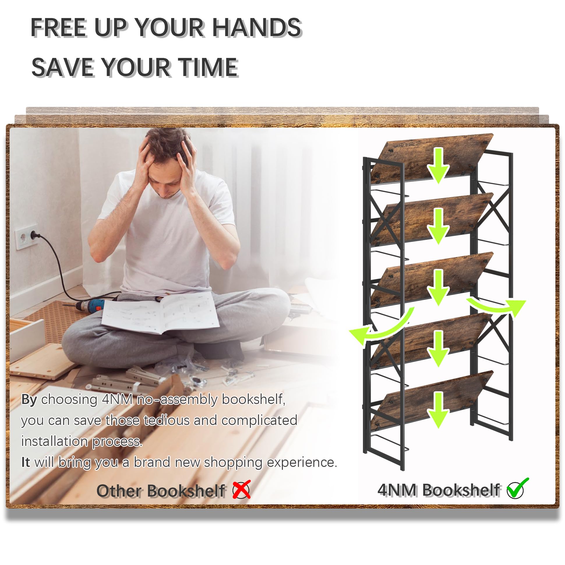 4NM 5 Tiers Folding Bookcase fits small spaces like bedrooms and hallways.