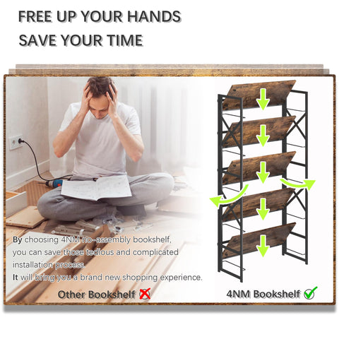 4NM 5 Tiers Folding Bookcase fits small spaces like bedrooms and hallways.
