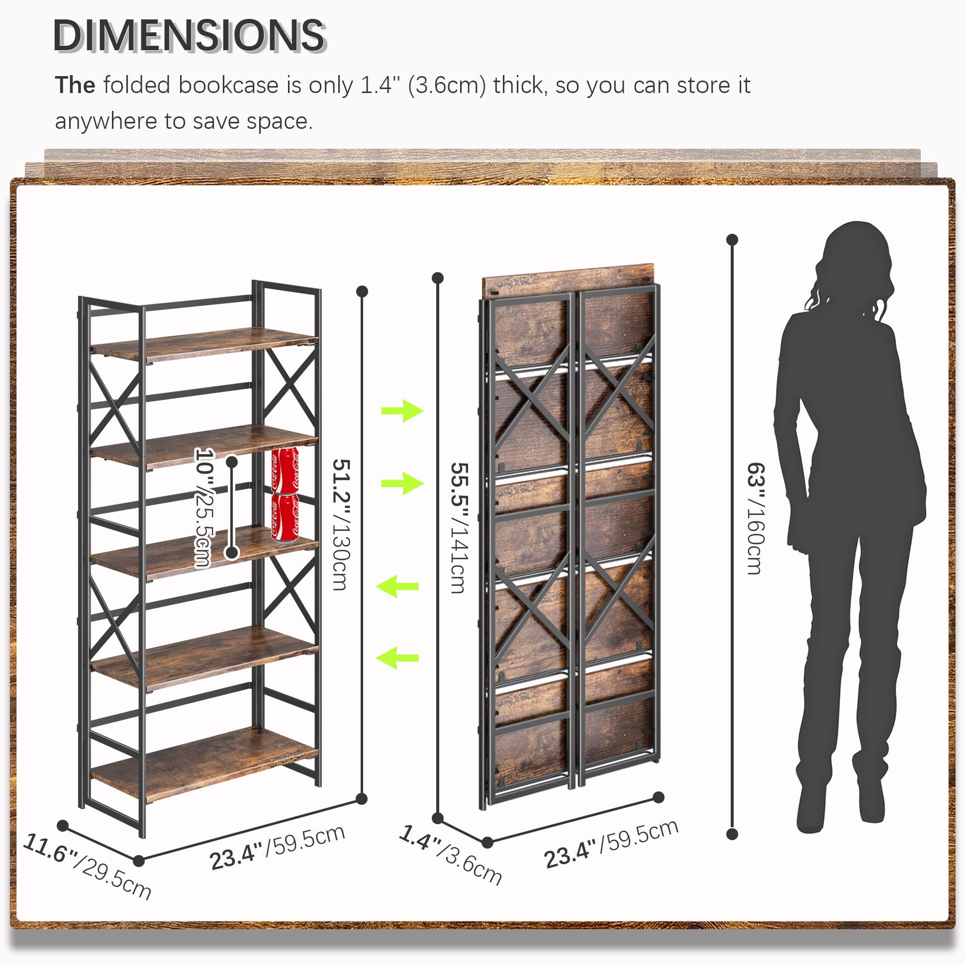 4NM 5 Tiers Folding Bookcase features sturdy metal frame and MDF shelves for reliable daily use.