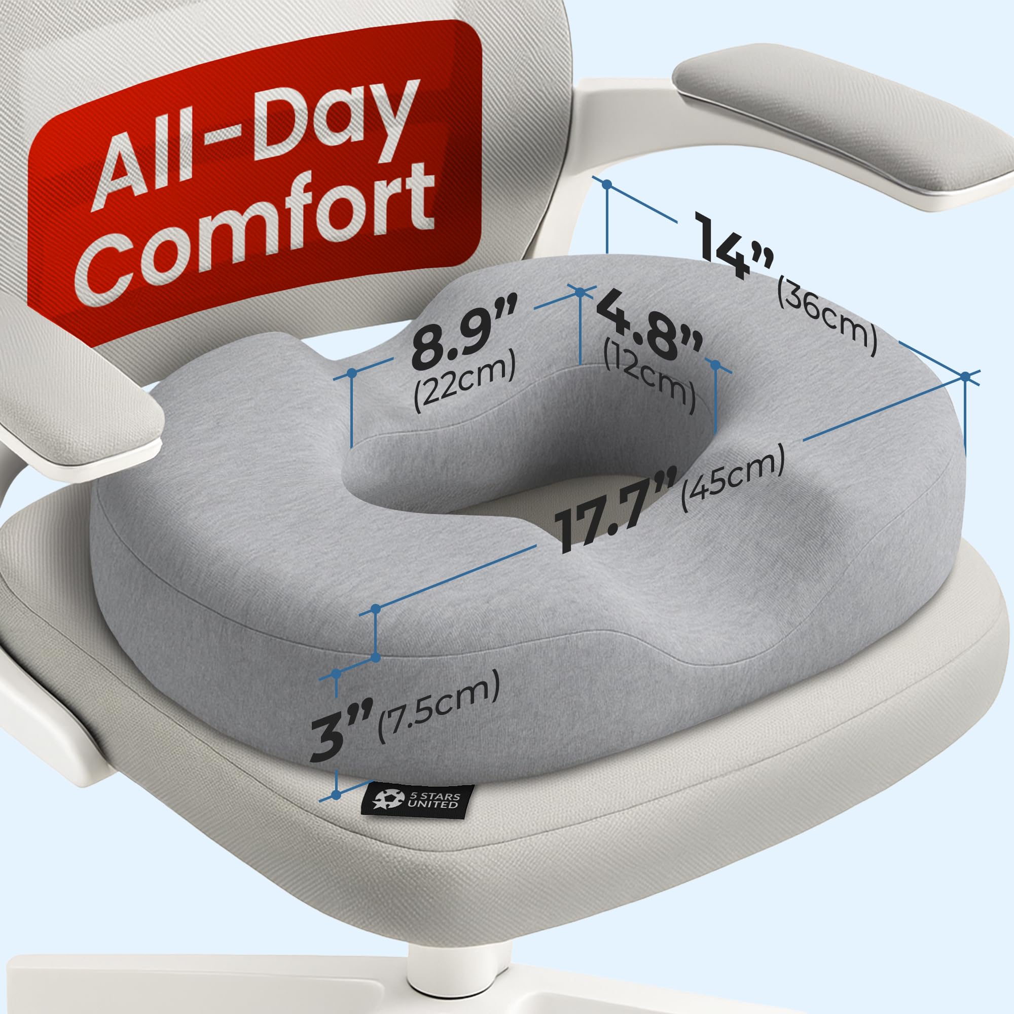5 Stars United donut pillow side view reduces hip pressure during office use.