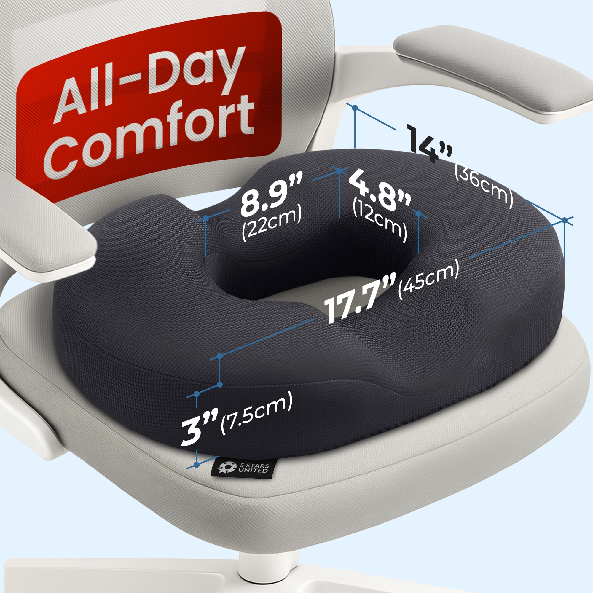 5 STARS UNITED tailbone-area support helps focus comfort during long sits.