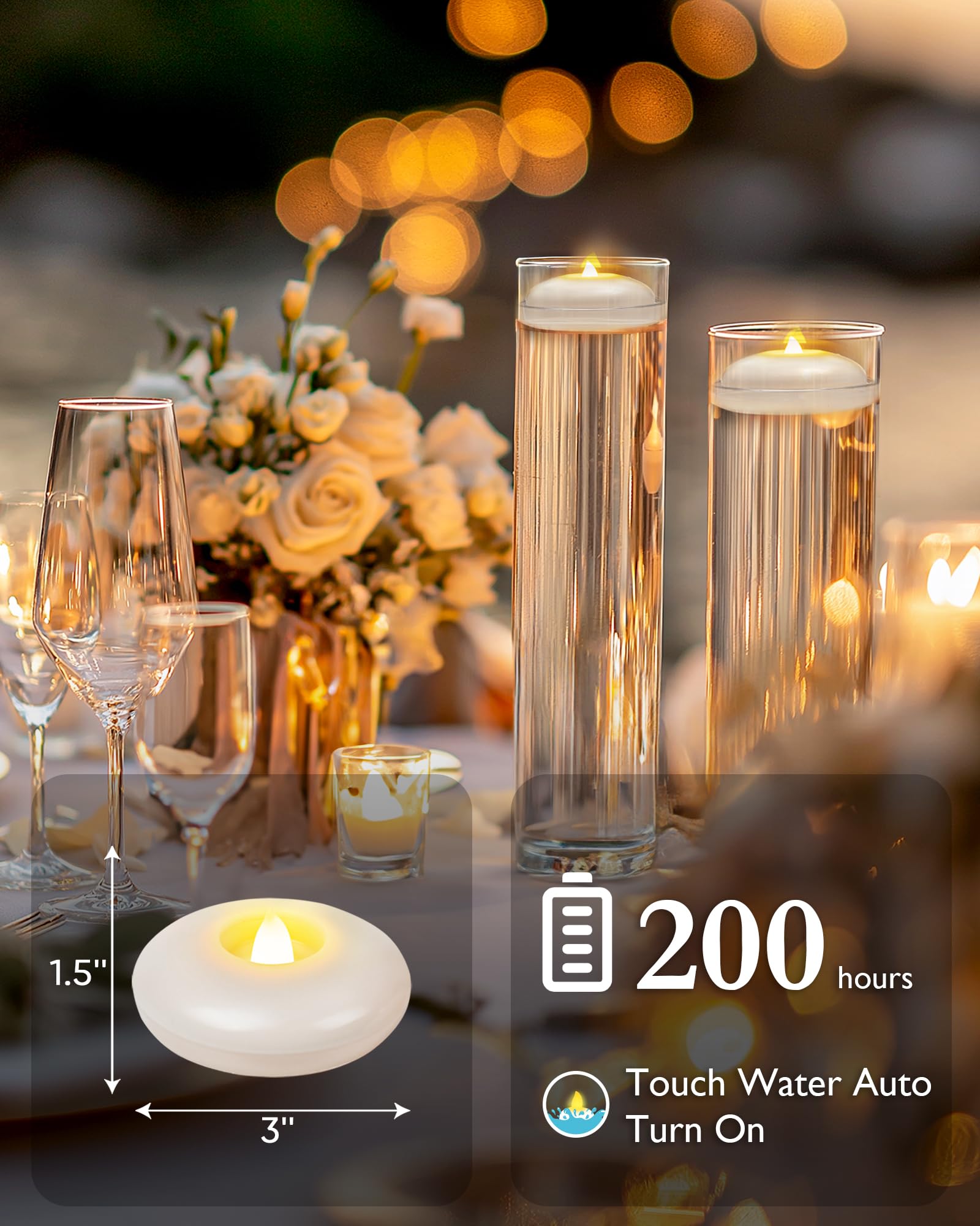 5plots 48-pack floating candles illuminate event tables at gatherings.