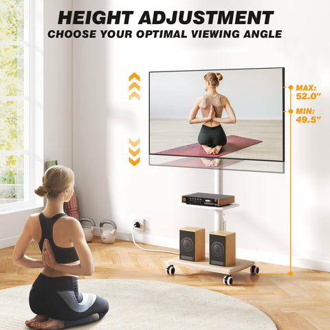 5Rcom mobile TV stand with silent, lockable wheels for quiet rearrangement