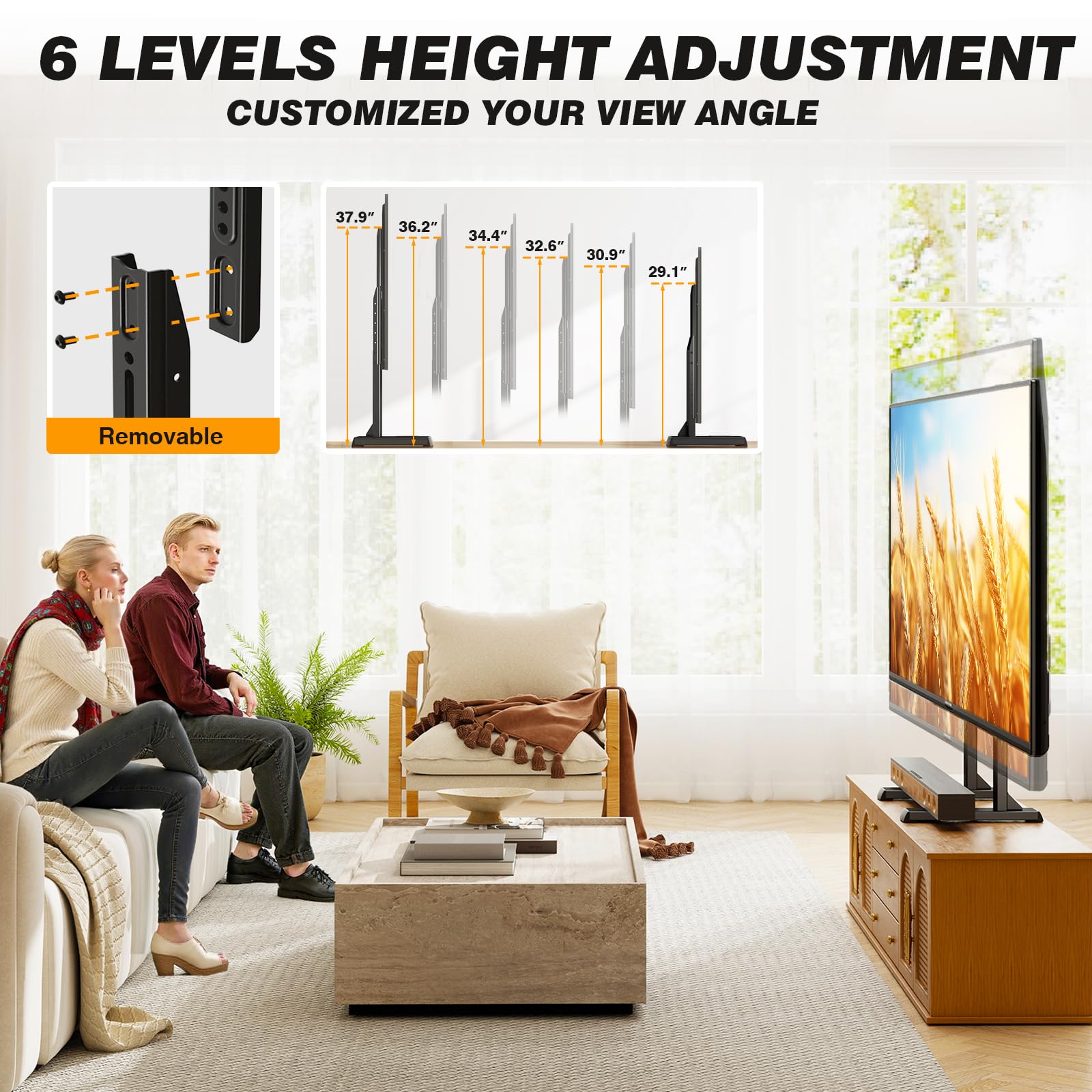 5Rcom stand shows six height levels for optimal eye level viewing.
