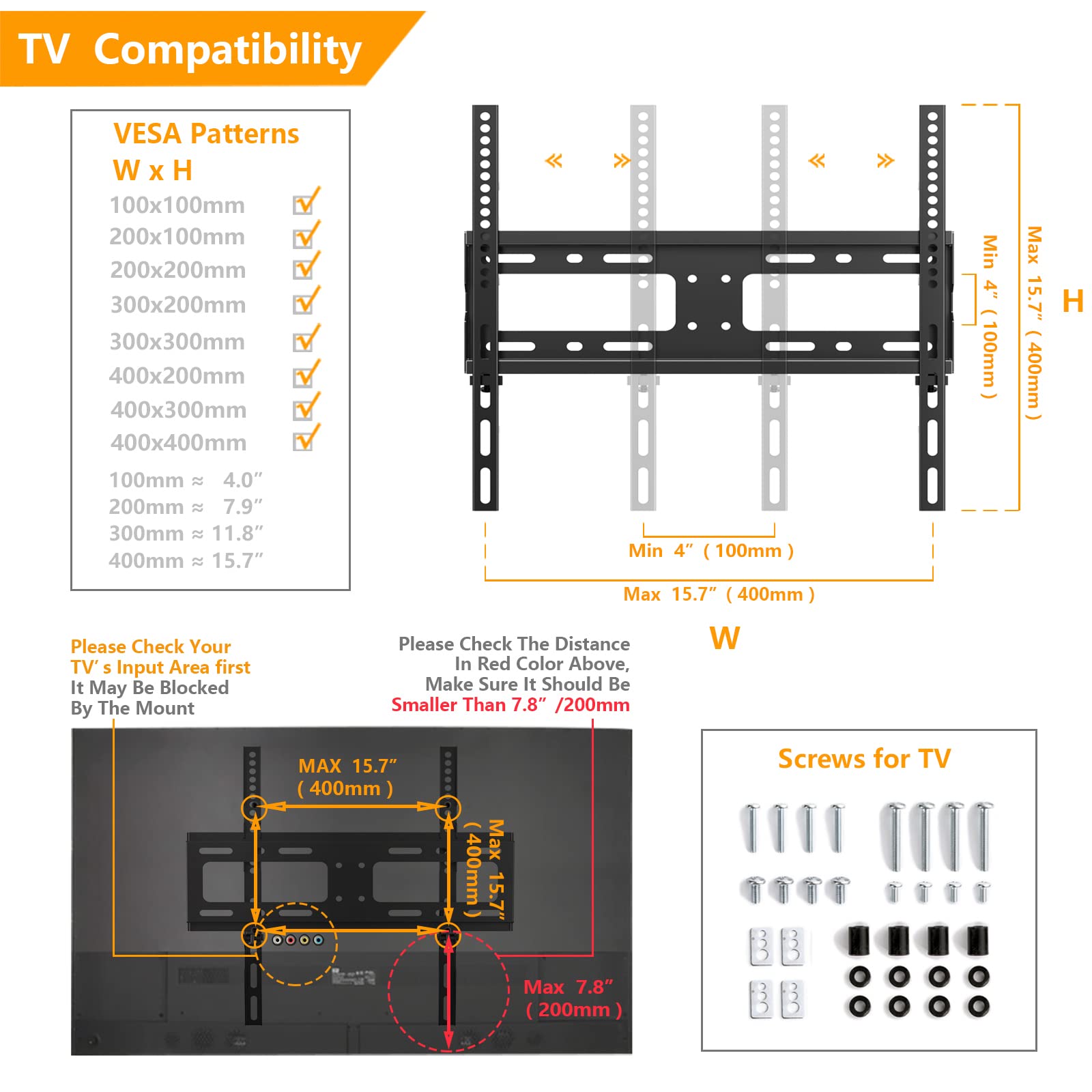 5Rcom wide compatibility with VESA up to 400x400 for many TVs.