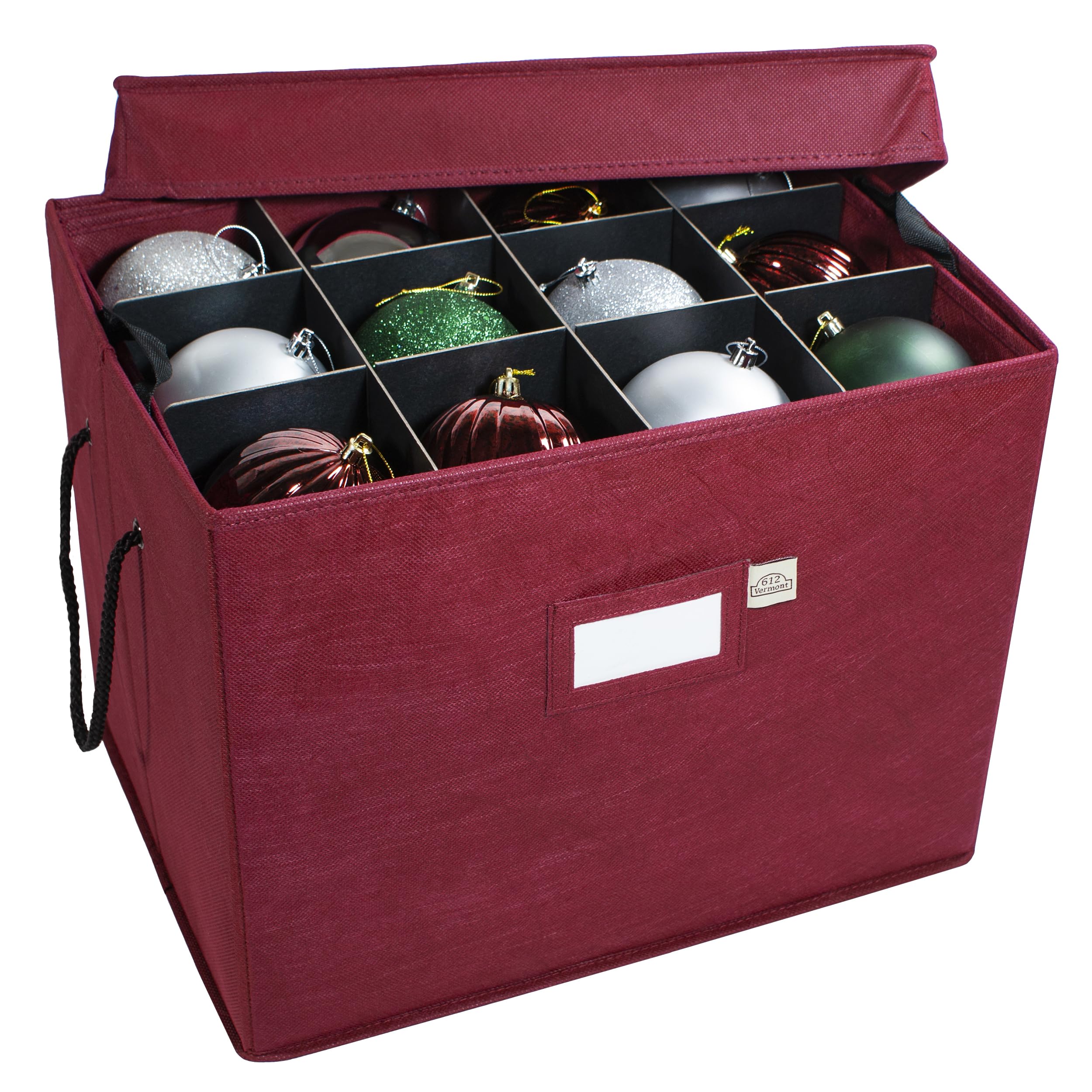 612 Vermont ornament storage box with removable trays and handles for easy access.