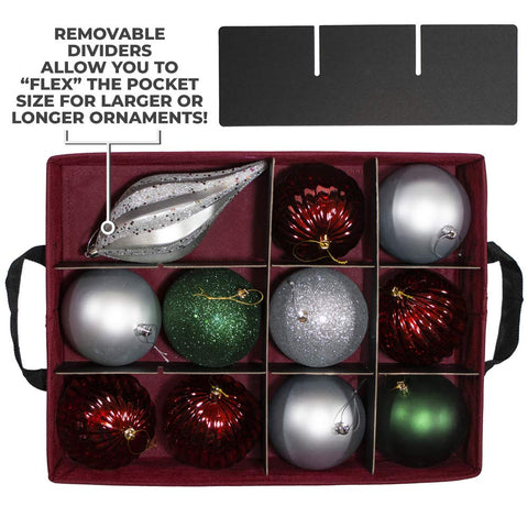 612 Vermont storage box shows three removable trays for flexible ornament sizing.