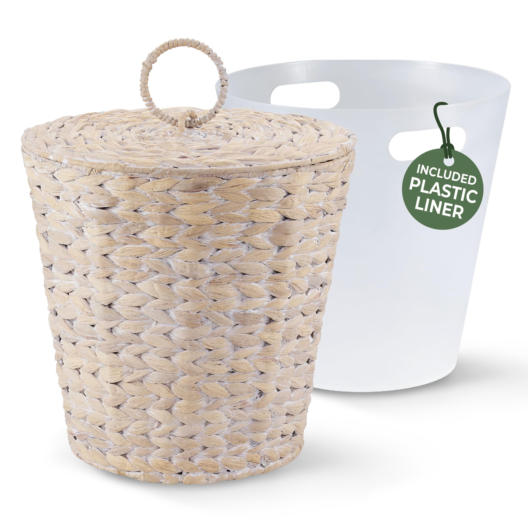 84ECO 3 Gallons White Wicker Trash Can with Lid shows a secure lid for tidy spaces.