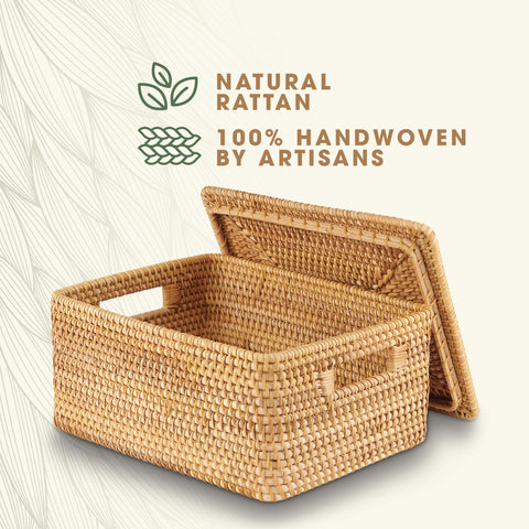 84ECO lid-closed baskets in bedroom keep remotes and cables tidy.
