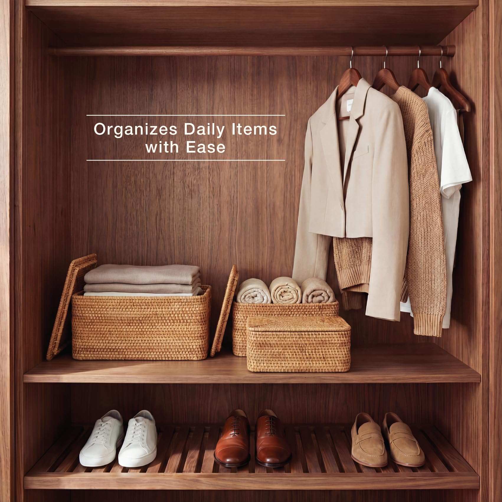 84ECO rattan boxes in closet provide dust-free storage for small items.