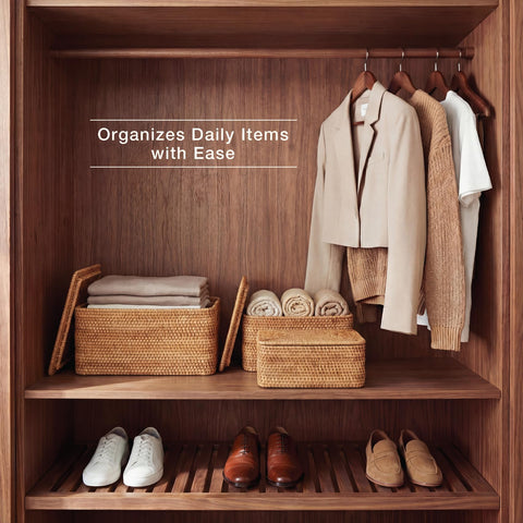84ECO rattan boxes in closet provide dust-free storage for small items.