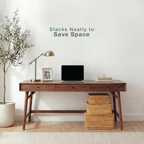 84ECO decorative rattan boxes on shelf enhance texture and organization.