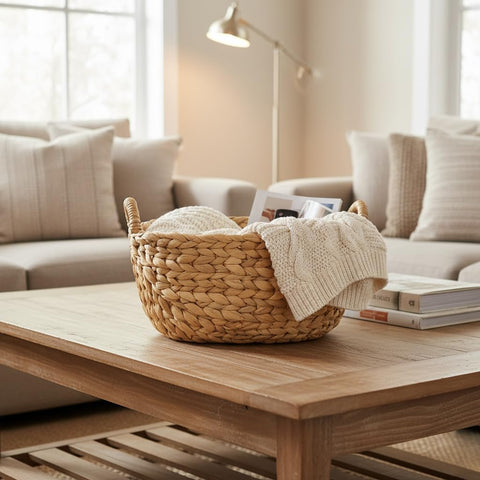 84ECO medium wicker storage basket, 11.4-inch, close-up weave for stylish shelf organization
