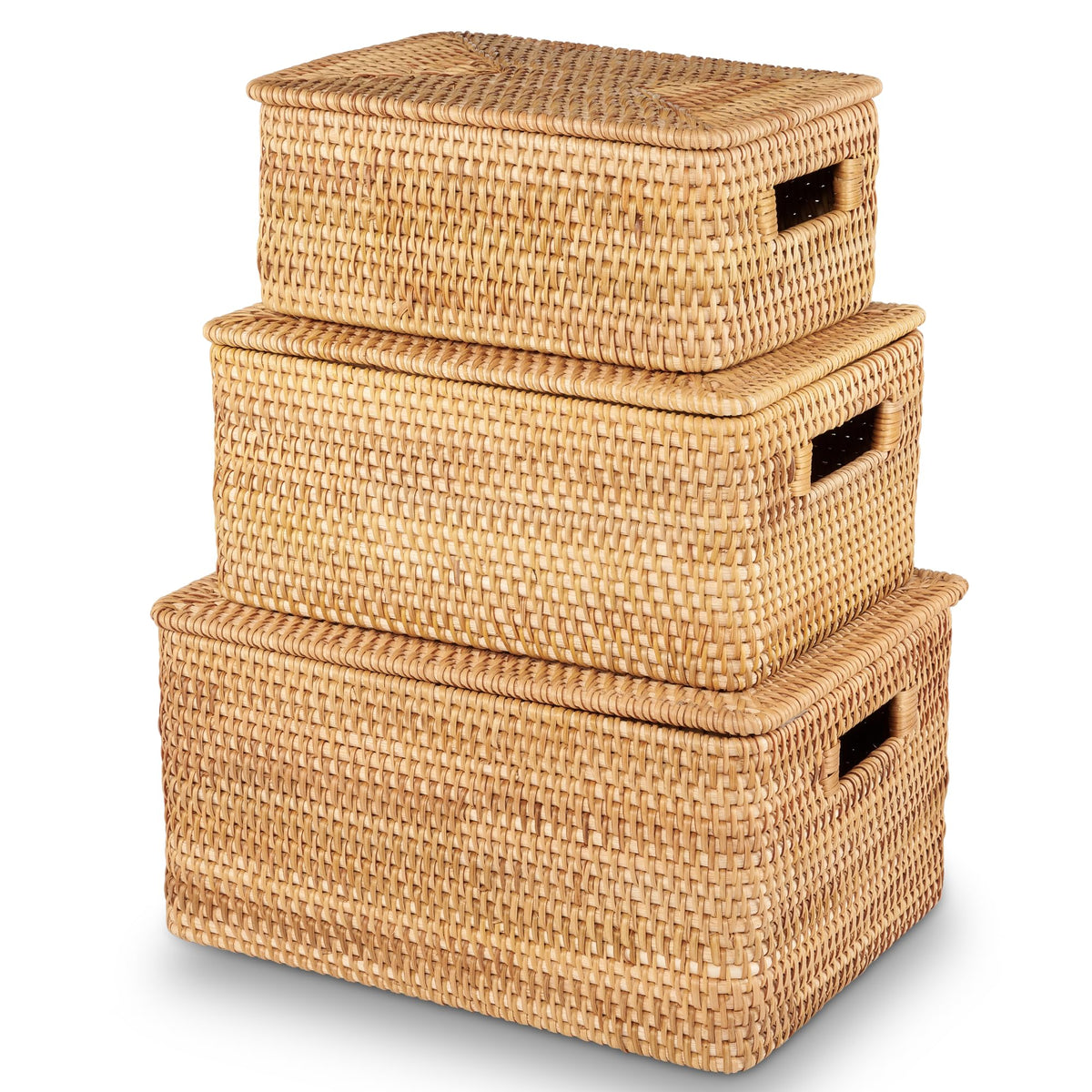 84ECO set of 3 rattan baskets with lid on display for organized storage.