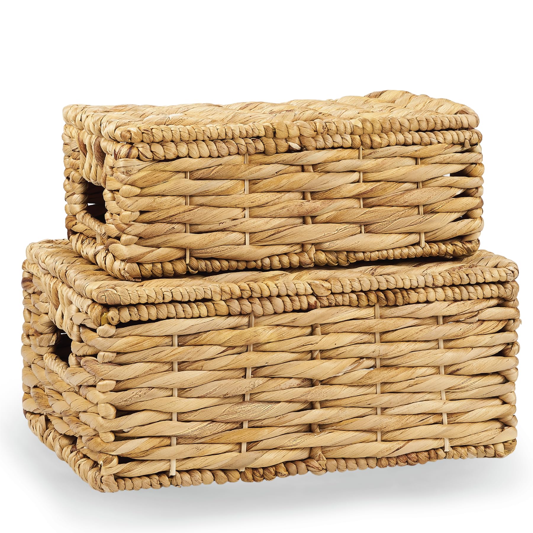 84ECO wicker baskets with lid, front view on shelf for organized storage
