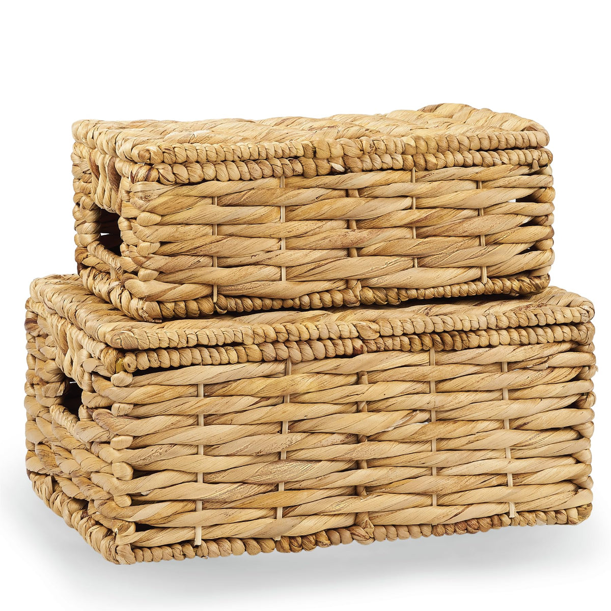 84ECO wicker baskets with lid, front view on shelf for organized storage