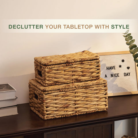 84ECO wicker baskets with lid, side view on shelf ideal for decluttering