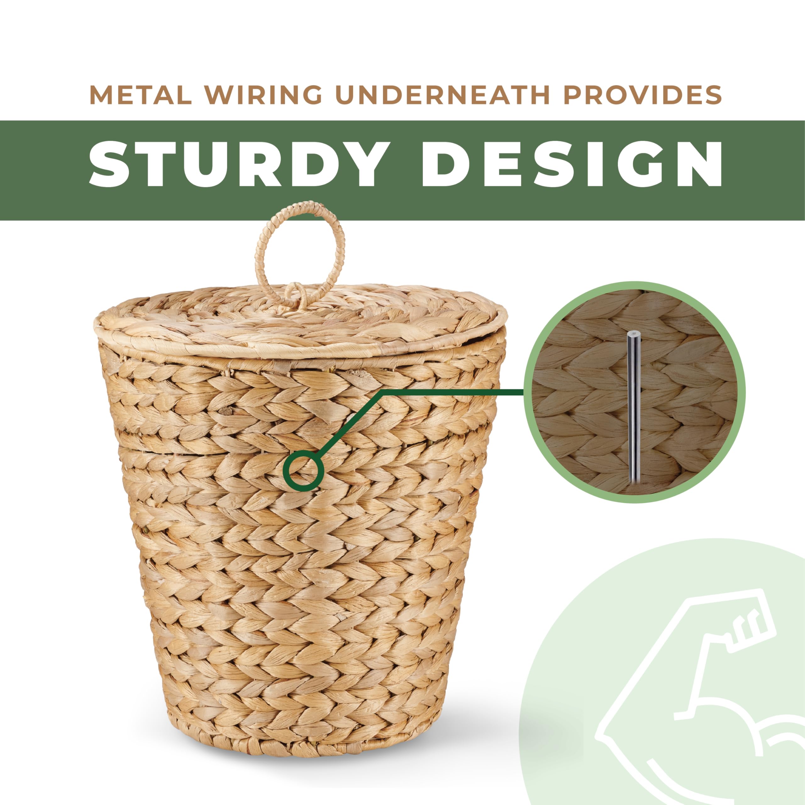84ECO wicker trash can suits bathrooms, bedrooms, kitchens, and living spaces.