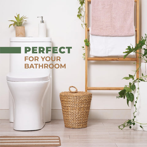 84ECO wicker trash can reveals natural hyacinth weave adding rustic charm to any room.