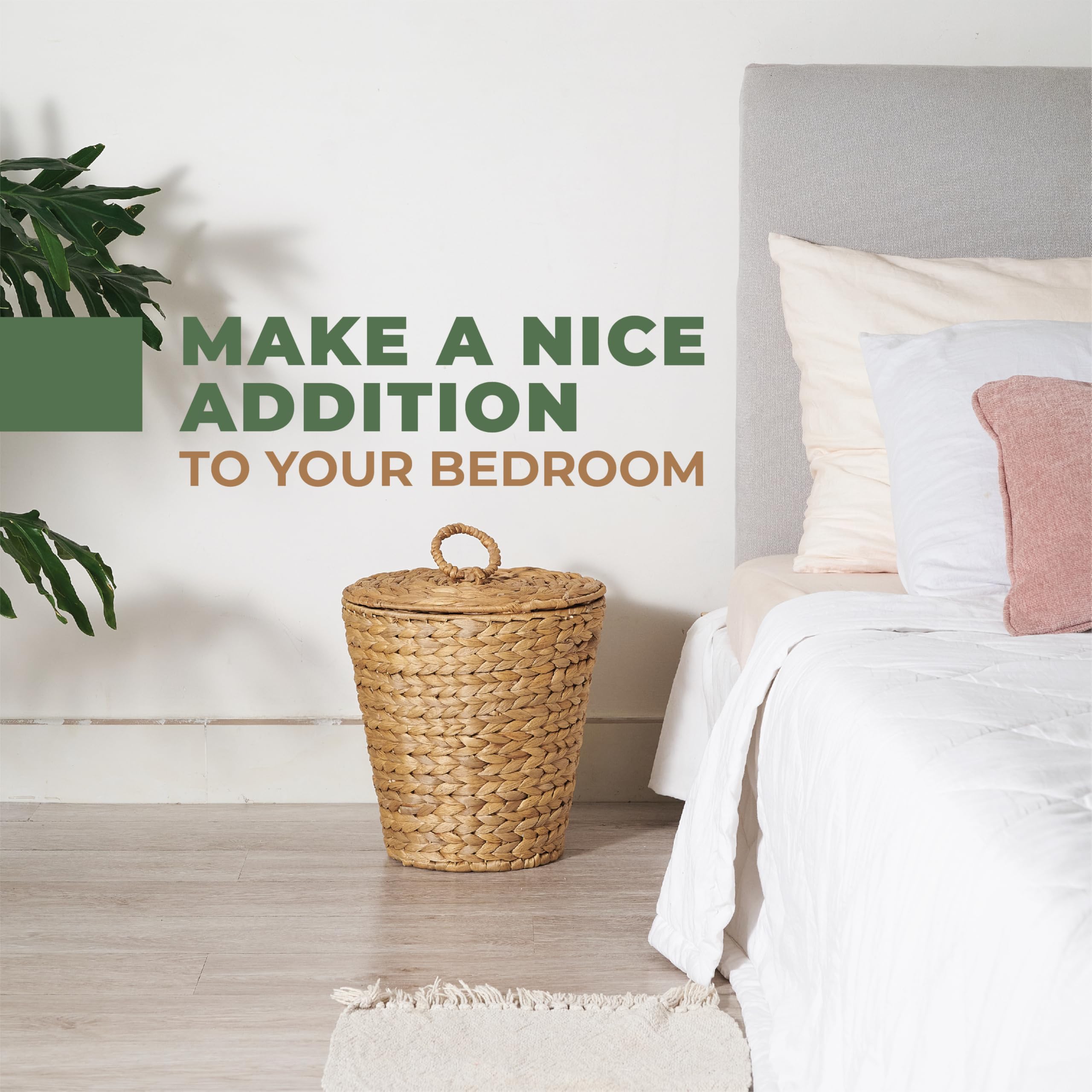 84ECO wicker trash can with secure lid helps deter pets from rummaging.