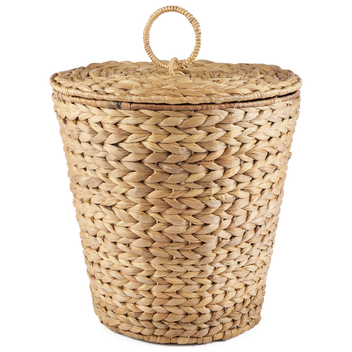84ECO wicker trash can with lid closed, showcasing tidy waste concealment and elegant styling.