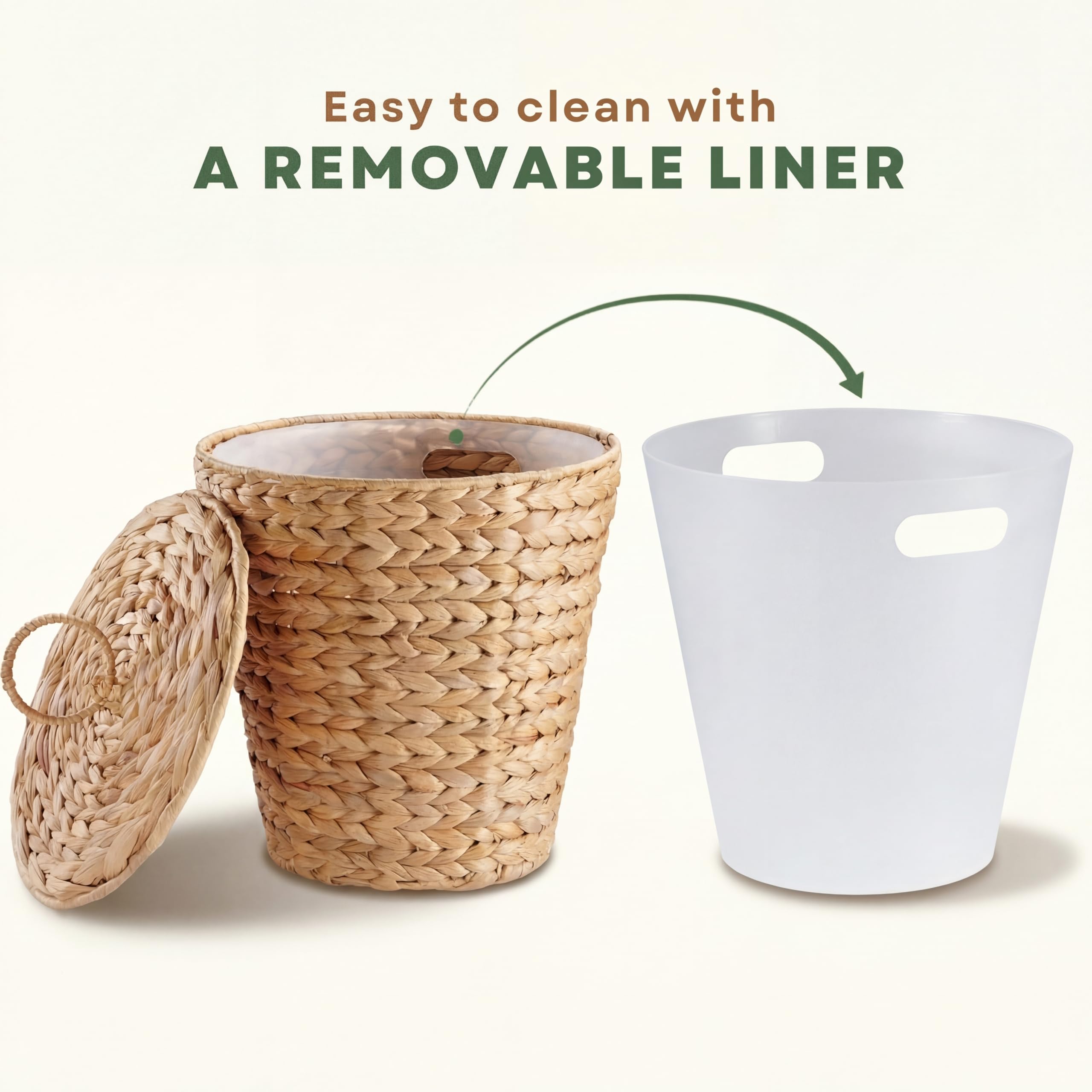84ECO wicker trash can interior with plastic liner for easy, mess-free waste removal.