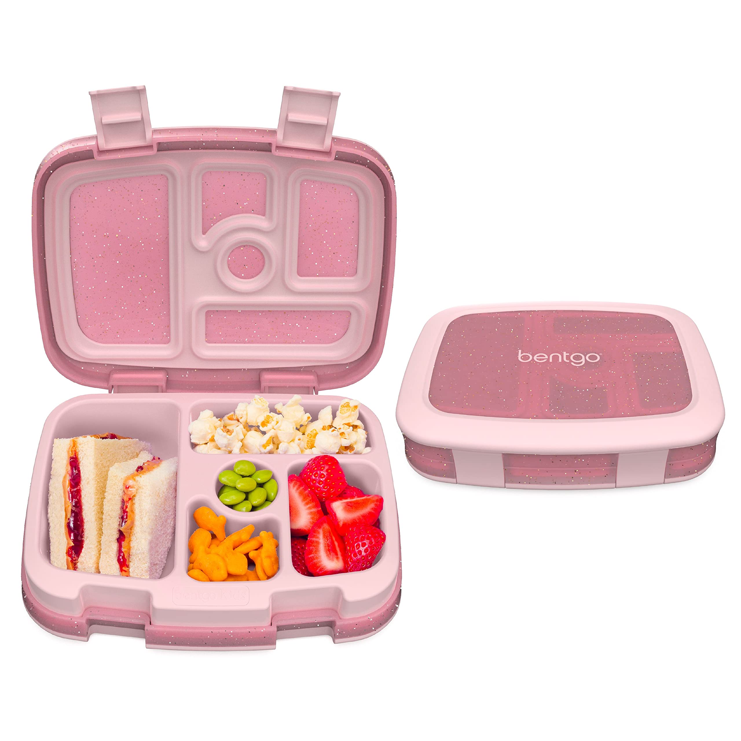 Bentgo Kids glitter edition petal pink lunch box showing five compartments for balanced meals.