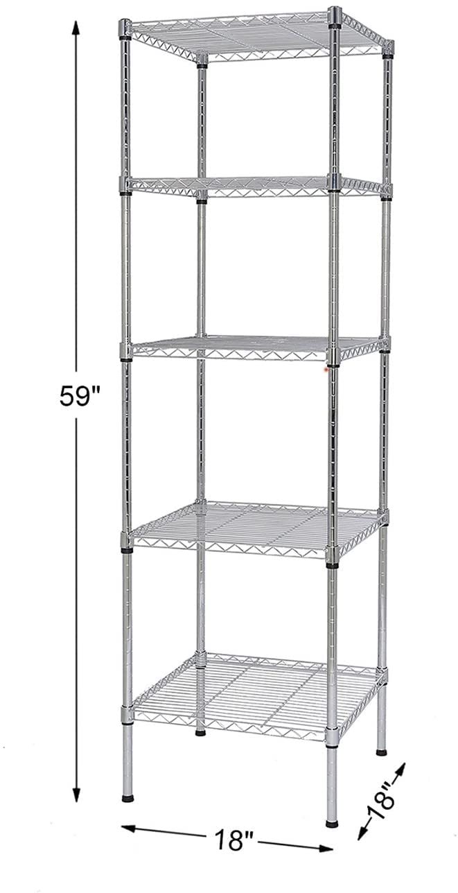 Finnhomy chrome shelving unit corner placement highlighting adjustable shelf system.