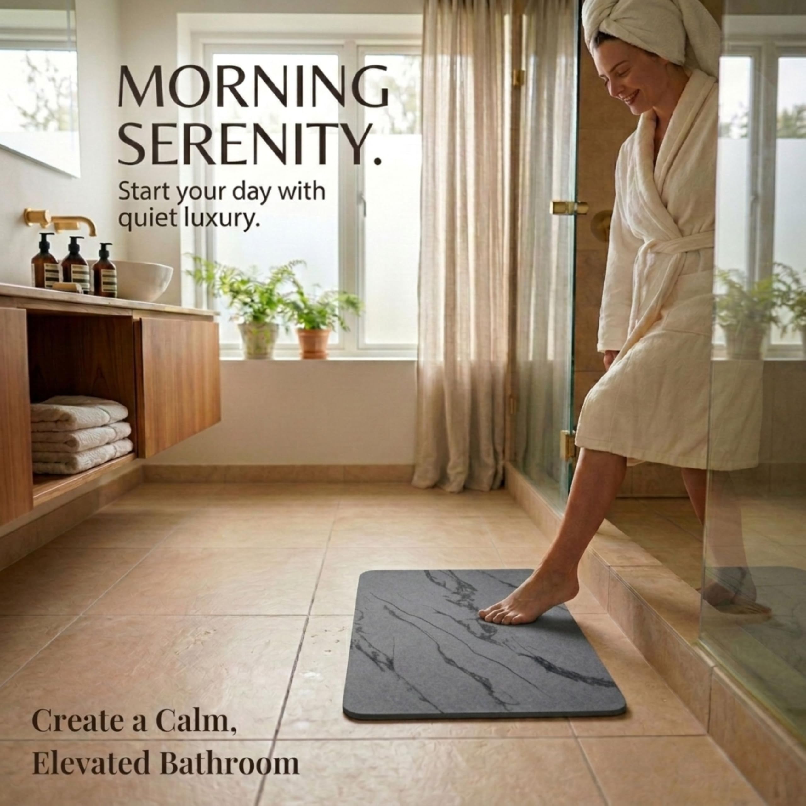 Pebble Nest charcoal mat showing non-slip backing for stable footing on wet floors.