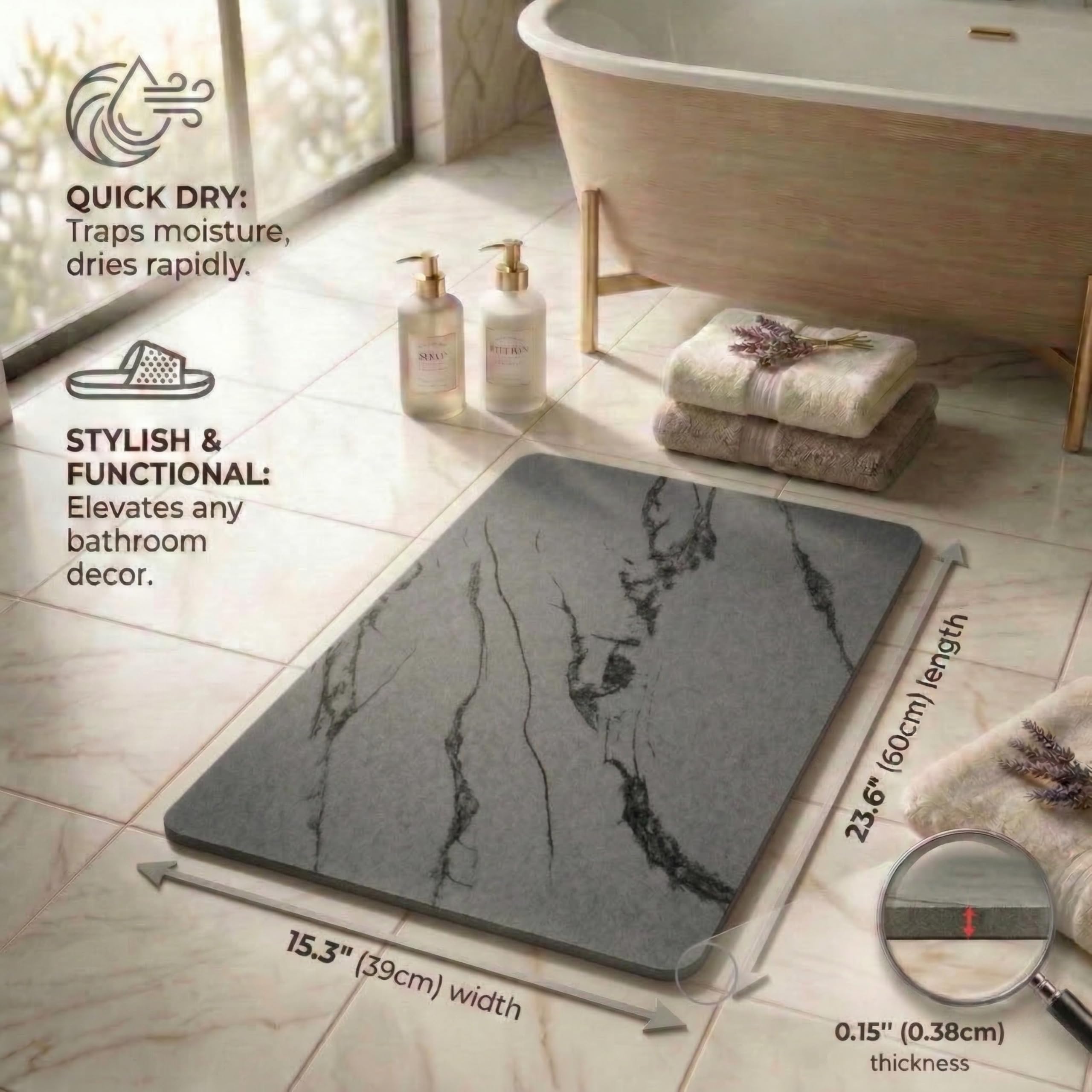 Minimalist Pebble Nest stone bath mat in a modern bathroom setting.