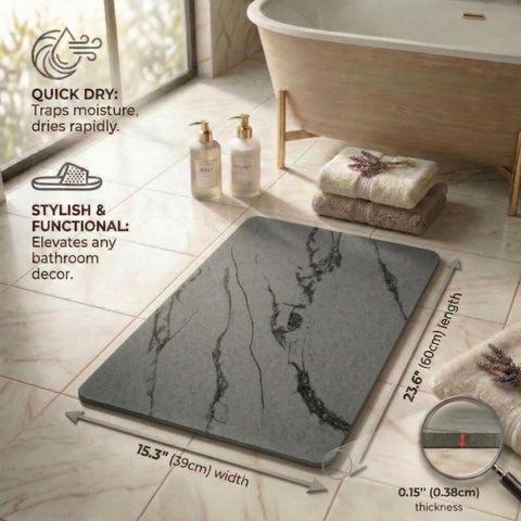 Minimalist Pebble Nest stone bath mat in a modern bathroom setting.