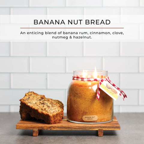 A Cheerful Giver banana nut bread label closeup highlighting nutty aroma.