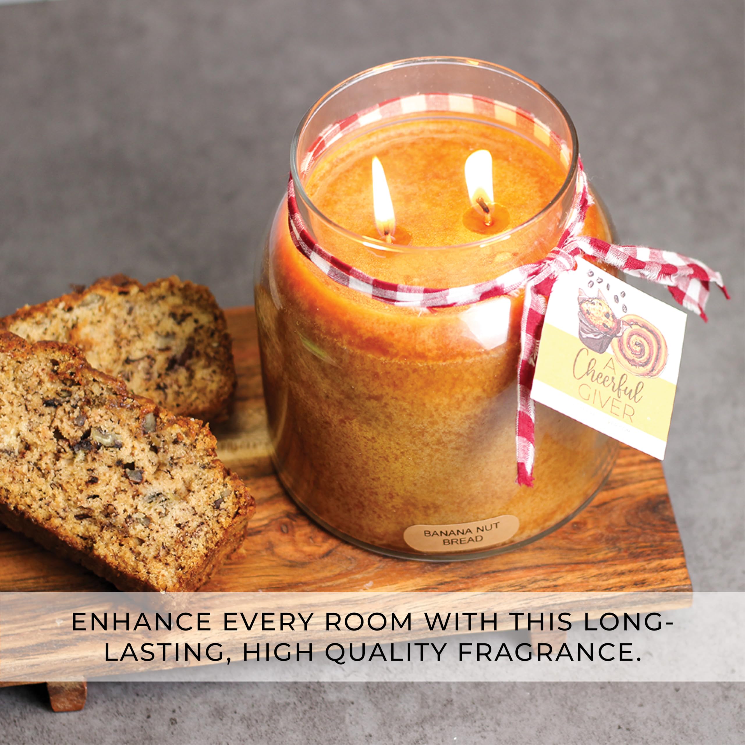 A Cheerful Giver candle with lid on a shelf adds warmth.