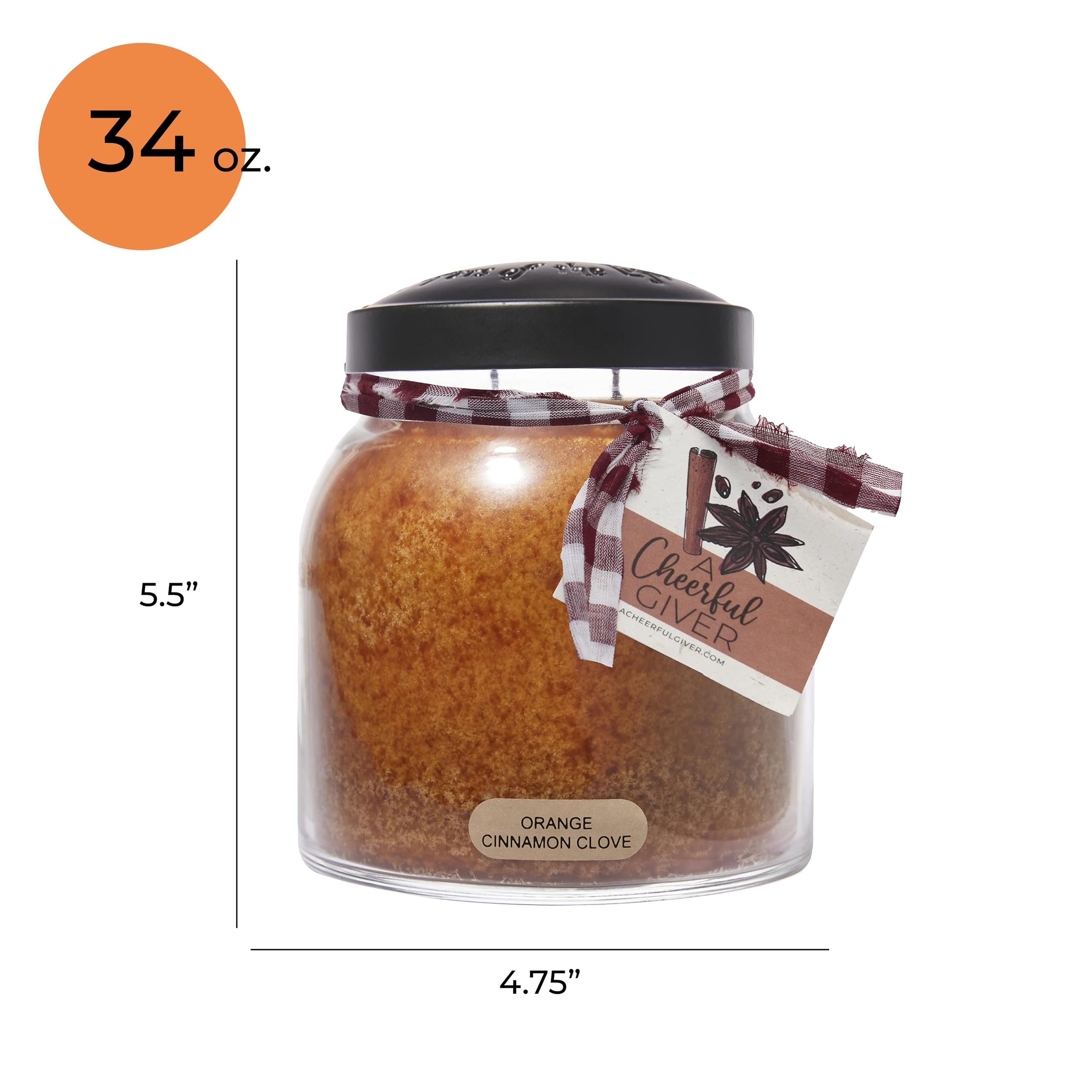 A Cheerful Giver orange cinnamon clove candle in glass holder highlights quality and style.