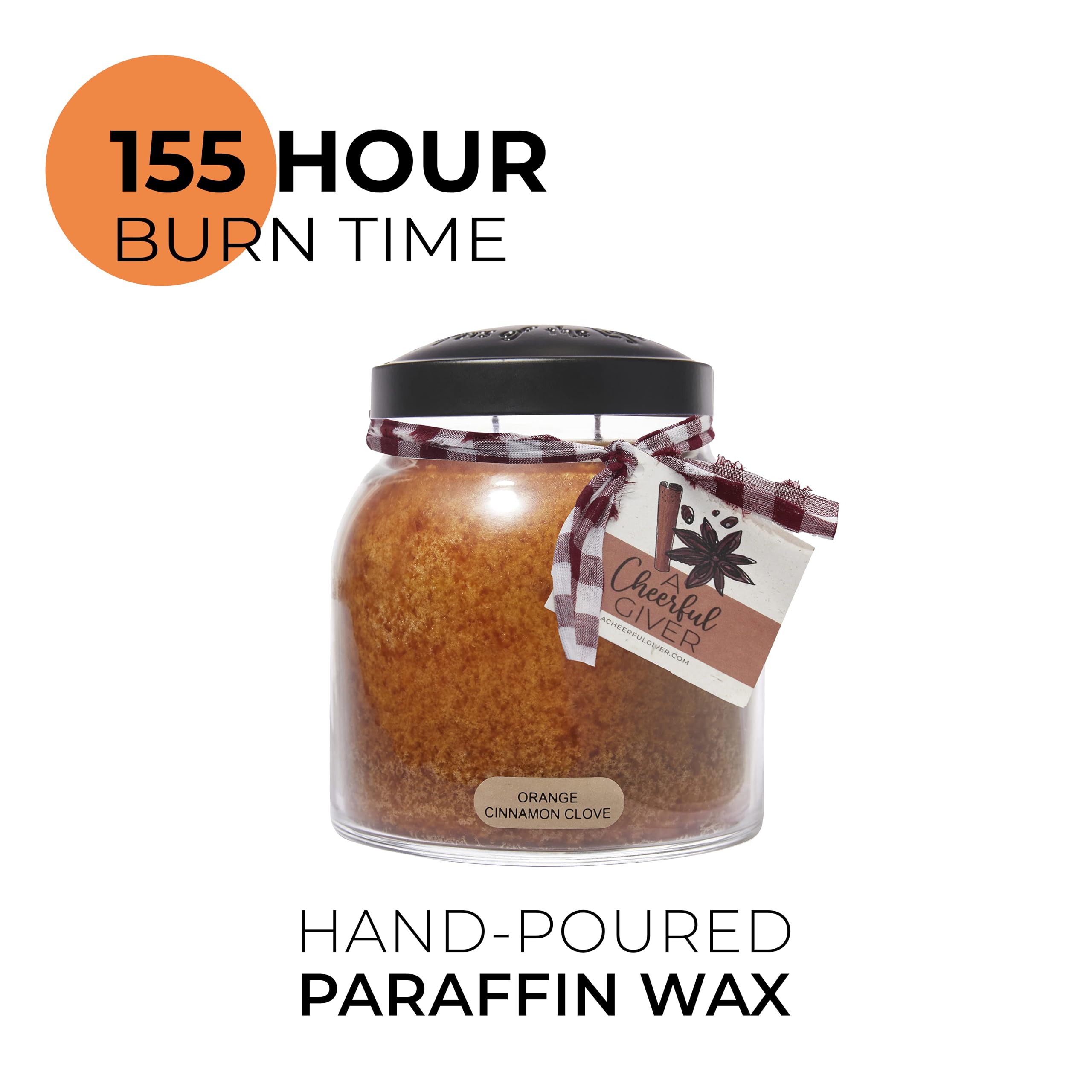 A Cheerful Giver orange cinnamon clove 34oz Papa-scented candle jar with lid for farmhouse decor.