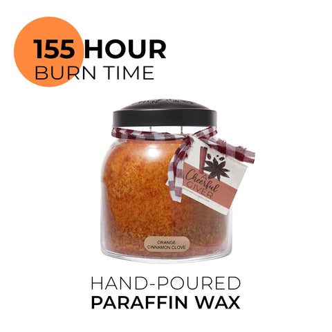 A Cheerful Giver orange cinnamon clove 34oz Papa-scented candle jar with lid for farmhouse decor.