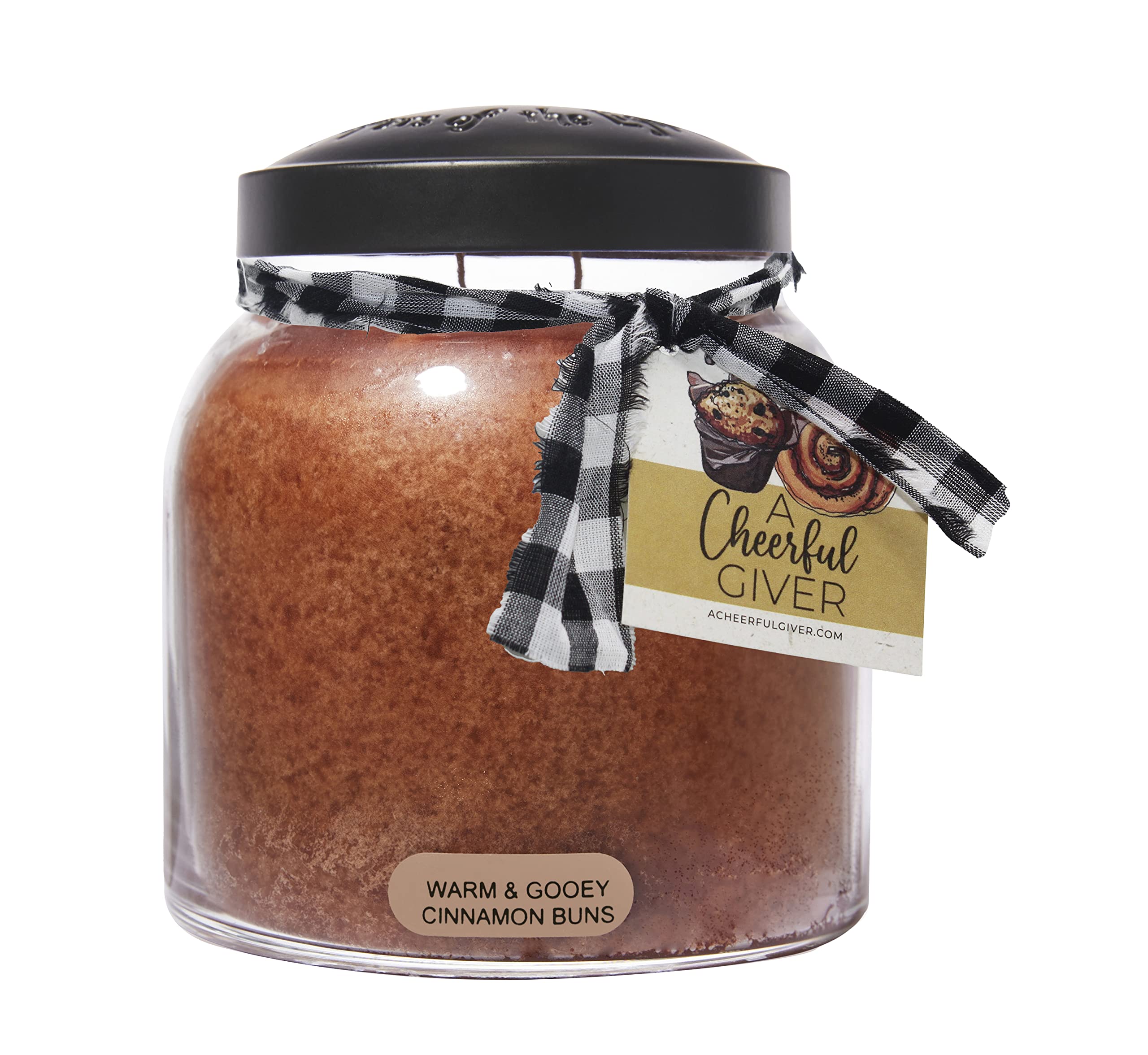 A Cheerful Giver warm gooey cinnamon buns candle in a 34oz jar for cozy evenings