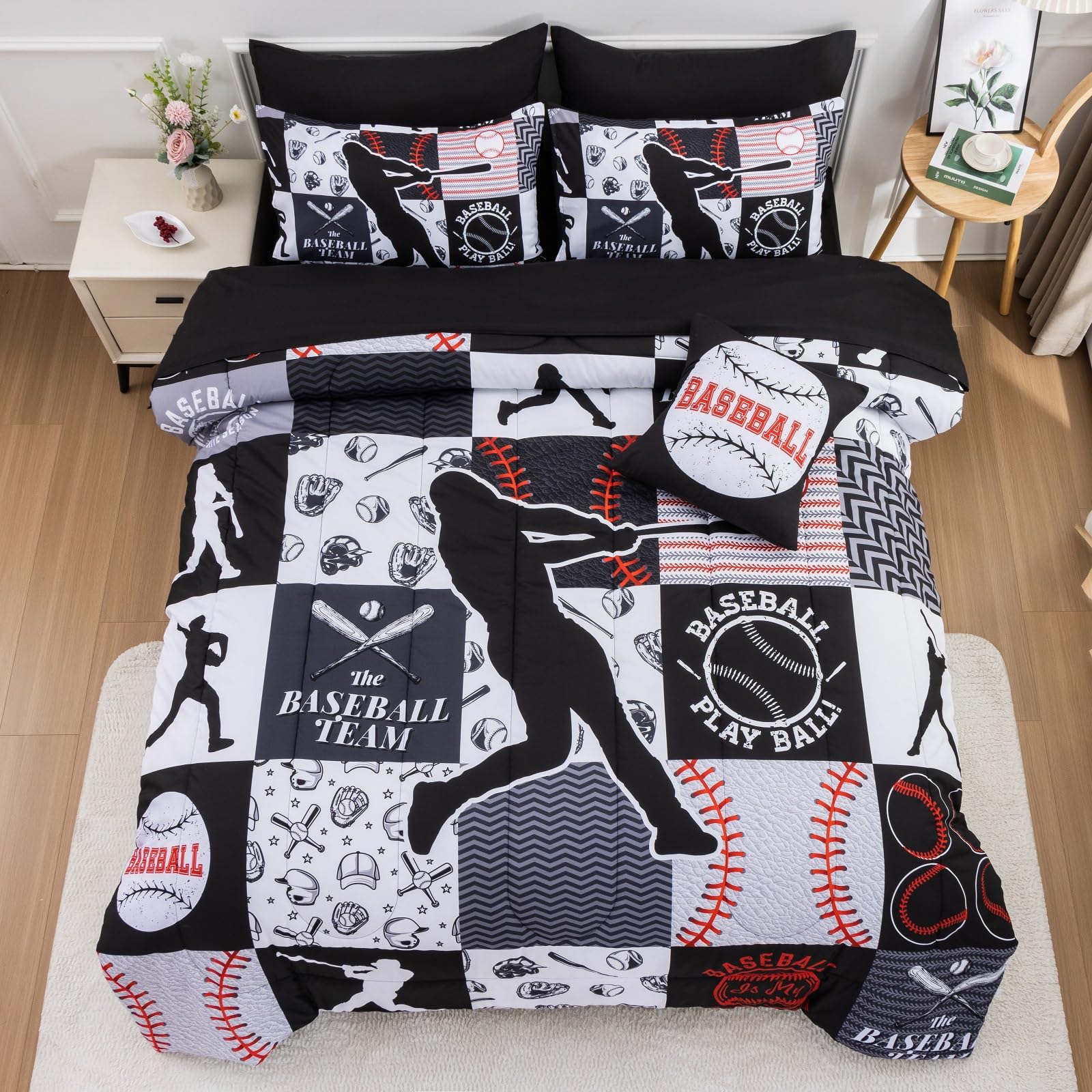 A Nice Night baseball-printed patchwork twin set adds modern style to a boy's room.