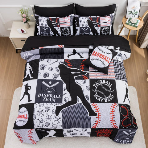 A Nice Night baseball-printed patchwork twin set adds modern style to a boy's room.