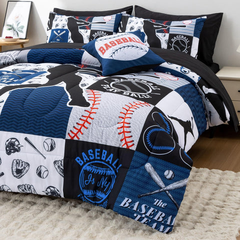 A Nice Night blue bedroom idea featuring sports grid bedding for easy room refresh.