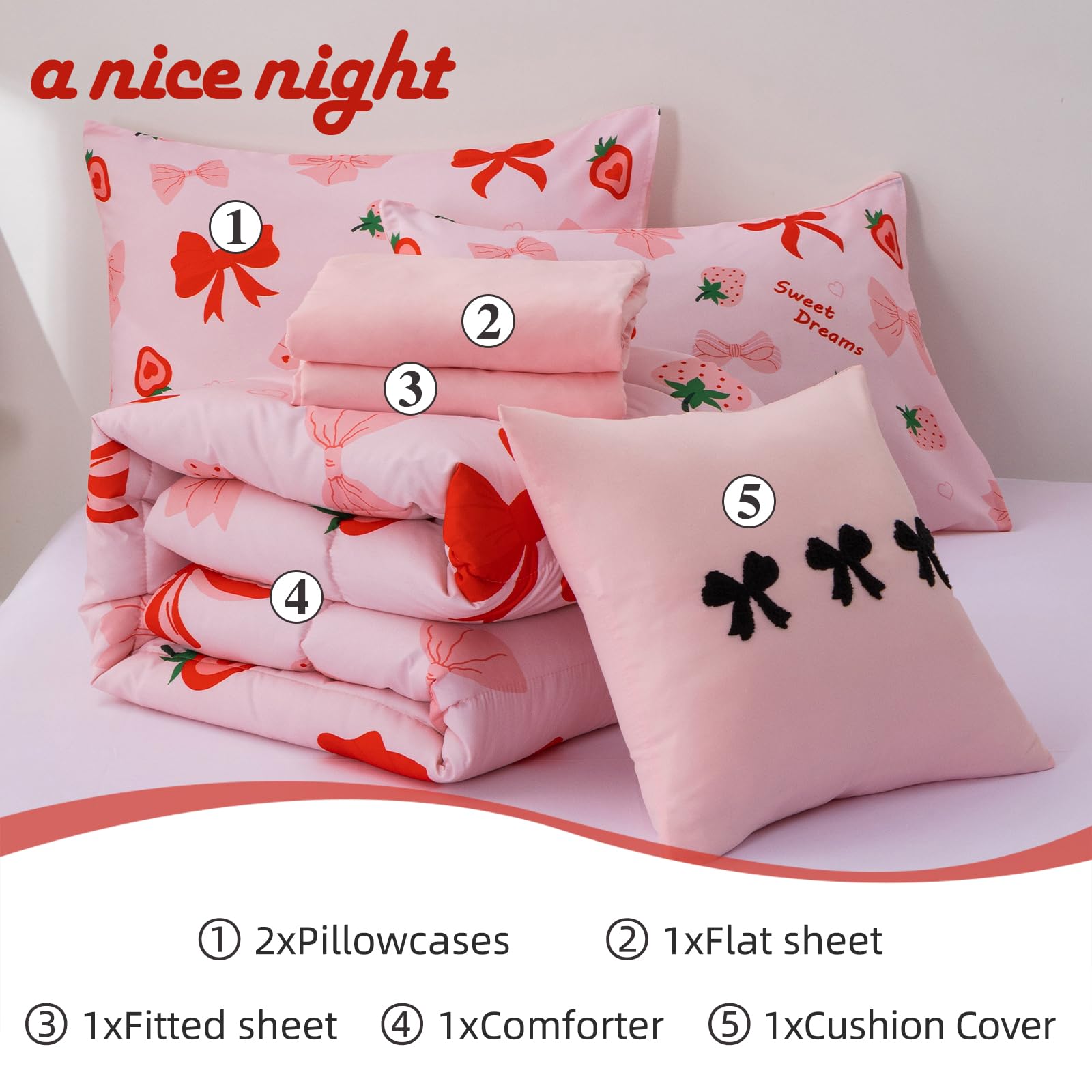 A Nice Night bow print detail highlights the bedding design.